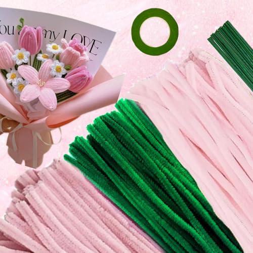 APKOL 300 Stück Pfeifenputzer zum Basteln,(Zwei Rosa,Blattgrün) Pfeifenreiniger zum Basteln, 30cm Chenilledraht, Bastel, 30 Stück Grün Basteldraht, Klebeband für Kreative DIY-Projekte | Cleaner mit Stiel, Blumendraht und Blumenband zum Basteln, Papier für Rosen, zum Basteln, Dekorativ