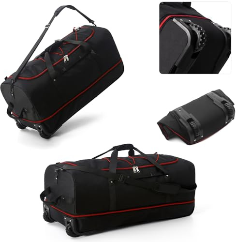 YHYEH Faltbare Reisetasche mit 2 Rädern,PVC Wasserdicht,110L-140L Erweiterbar,Ohne Teleskopstange,Leicht & Robust für Zug,Auto,Schiffsreisen,schwarzrot