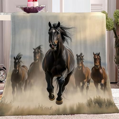 Decke Kuscheldecken Wohndecken Winter warm Sofadecken Decke Tier Pferd Im Galopp Motiv Flanell Bettdecke Schlafdecke für Erwachsene Kinder 100 x 130 cm, Schwarz