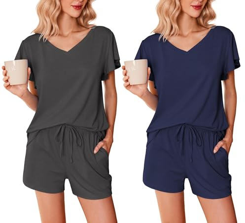 Ekouaer Paquete de 2 Pijama Mujer Verano Corto Mangas con Volantes Escote en Pico Suave Camiseta y Pantalón Corto S-XXL