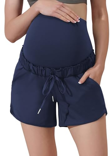 Maacie Maternity High Waist Shorts Drawstring Workout Shorts with Pockets Navy Blue L