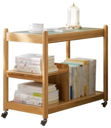 GLigeT Bücherregal Bücherregal-Organizer-Wagen mit Universalrädern, Bambus-Aufbewahrungsregal mit Glasplatte, for Heimarbeitszimmer oder mobiles Präsentationsregal im Büro Bücherturm