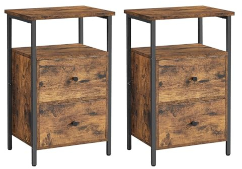 VASAGLE Nachttisch, 2er Set, Beistelltisch, mit 2 Schubladen, für Schlafzimmer, Wohnzimmer, Industrie-Design, vintagebraun-schwarz