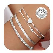 CASSIECA 3Pcs Bracciale Donna Argento 925 Bracciali Spina di Pesce Cuore Stratificato Bracciale Donna Regolabile Bracciali Impilabile in Argento Gioielli per Donne Ragazze