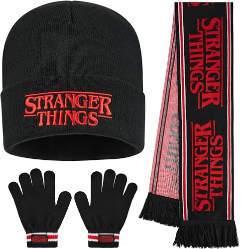 Stranger Things mössa hatt, vinterhandskar och scarfs set för pojkar och tonåringar, 3 st stickade vintertillbehör, varma presenter till honom