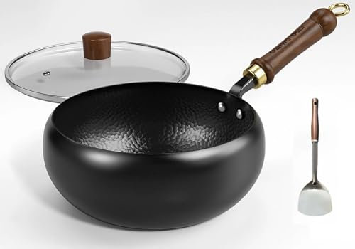 YHXAIQ Sartén de Hierro Fundido con Tapa, Olla Antiadherente y Mango Madera Maciza, Wok Apto para Cocinas Gas/Eléctricas, Batería de Cocina para Uso Diario(Glass Cover,22 cm)