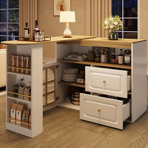 Easexcy Ausziehbarer Bartisch mit Stauraum, 360° drehbare Essbar,Moderner Beweglicher Bar, Kücheninsel Bistro Table, Sideboardschrank mit Regalen und Glas (weiß 1)