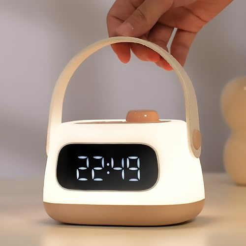 Kinderwecker mit Nachtlicht, Digitaluhr mit LED-Lichtern, dimmbares Nachttisch-Aufwachlicht für Schlafzimmer, wiederaufladbare Nachtlichter für Kinderzimmer, Nachttischwecker für Jungen und Mädchen