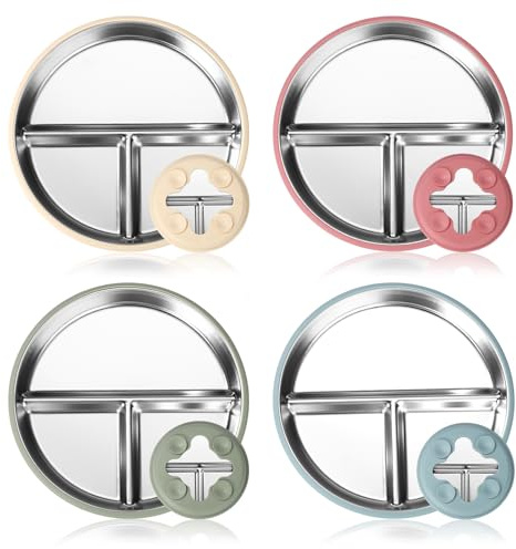 BOXOB 4uds Platos Infantiles de Acero Inoxidable con Ventosa de Silicona, Platos Divididos para Bebés Sin BPA Plato Divididos para Niños Pequeños (4 Colores)