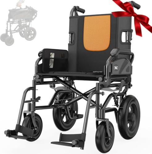 VOCIC Lightweight Wheelchair for Adults, Only 13kg, 30cm All Terrain Tires | Lightweight Folding Transport Wheelchair for Seniors, Up to 136kg, 3cm Cushion, Double Brakes, Suitable Travel, Orange