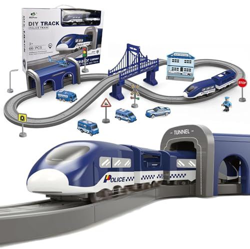 SKIKHN Eisenbahn Elektrisch, 66 Stück Elektrische Eisenbahn Spielzeug für Kinder, Magnetische Zug&Bahnsteig mit realistischem Sound Lichteffekt, Kreatives Rennspiel Jungen & Mädchen