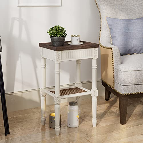 LONYKE Rustic Farmhouse Accent End Table, Distressed Accent Cottagecore Side Table with Espresso Tray Top and Woven Wicker Shelf, Boho, French Country Decor, Square, Weathered Brown & White
