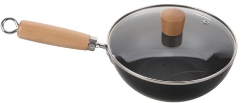 INOOMP Japanese Iron Wok Small 20cm Round Bottom Cooking Pan with Lid Traditional Non-Coated Frying Pot for Home Kitchen Gas Stove Use