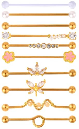 Mikovivi 10pcs 14G Industrial Piercing Bar Jewelry, Stainless Steel Gold Industrial Barbell Stud Earrings Cartilage Piercing Earrings Jewellery for Women Men