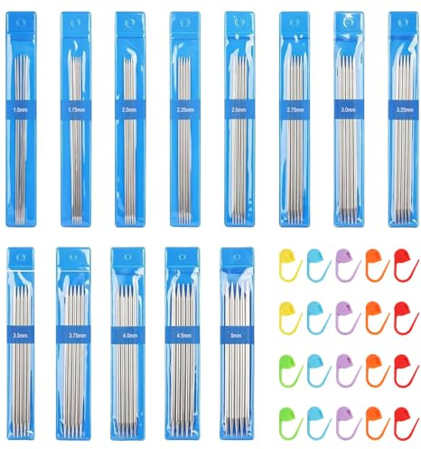 FULHANY 65 Pezzi Ferri Da Maglia,Uncinetto Doppia Punta,Set Uncinetto,Set Di Ferri Da Maglia Dritti Da 1,5 Mm-5 Mm Con 20 Bottoni Segnapunti Per Calzini, Sciarpe, Cappelli, Maglioni