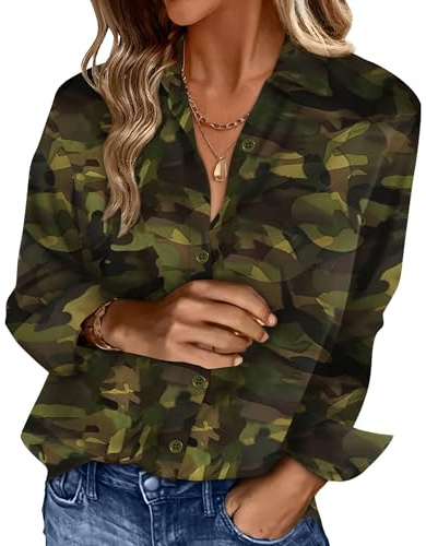 OFEEFAN Womens Button Down Camo Shirts Blouses Business Casual Fashion Outfit Spring Summer Beach Vacation Clothes Resort Wear Boho Tops Print 17 M