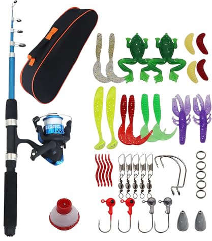 Juego de pesca para niños, juego de iniciación de pesca infantil, caña de pescar de 1,5 m, juego de pesca para niños con carrete, cebo y bolsa de transporte, caña de pescar telescópica, accesorios de