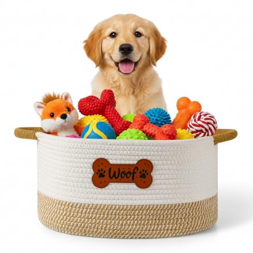 Tidelit Large Dog Toy Basket Box Bin, Woven Storage Baskets for Dog Cat, Cotton Rope Toys Storage Basket for Dogs Cats Bed Toys Accessories Organizer With Handles for All Pets-Puppies to Large