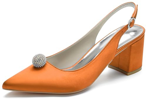 LRMYMHY Scarpe da Sposa in Satin da Donna Décolleté con Punta Comode Tacco Largo per Feste Serali,Arancia,35 EU