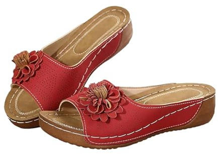 YIzdegg Tofflor damer sommar – sandaletter eleganta ortopediska valpstöd sandaletter sommar sandaletter öppen keps sandaler läder vintage sandaler sommarskor utomhus fritidsskor, röd, 41