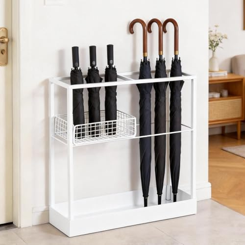 Minifactory Heavy Duty Umbrella Stand - Waterproof Metal Umbrella Holder & Rack for Indoor Use, Large Capacity Hallway Entryway Storage with Drip Tray, Modern Home Decor (Black) (White)