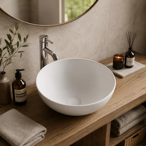 Art-of-Baan® Keramik-Aufsatzwaschbecken I mit Lotus-Effekt I runde Waschschale in Weiß I Handwaschbecken rund I hochwertiges Design-Waschbecken I Maße: 400x400x140mm (3301)