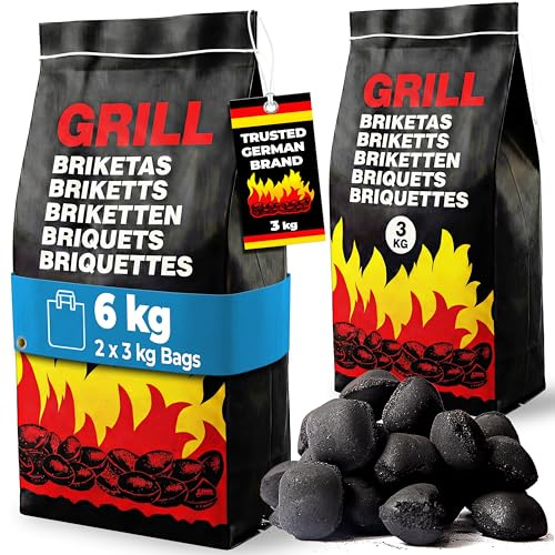DEUBA® 6KG BBQ Charcoal Briquettes, Restaurant Grade, 2x 3kg Bags | Long Burning, Low Smoke, Premium Grill Cooking, Fire Lighters for Barbecue Fire Pit Fireplace Log Burner Pizza Oven