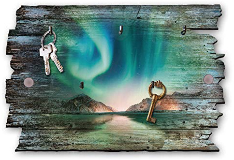 Kreative Feder Nordlichter Designer Schlüsselbrett, Hakenleiste im Landhaus-Stil, Shabby-Chic aus Holz 30x20cm (Nordlichter)
