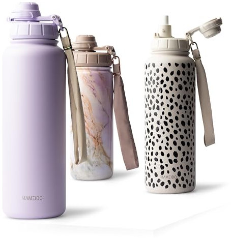 MAMEIDO Thermosflasche mit Strohhalm 1,2l, auslaufsichere Trinkflasche Edelstahl isoliert, Wasserflasche BPA-frei mit Trageschlaufe, Water Bottle Sport (Lavender Haze, 1200ml)