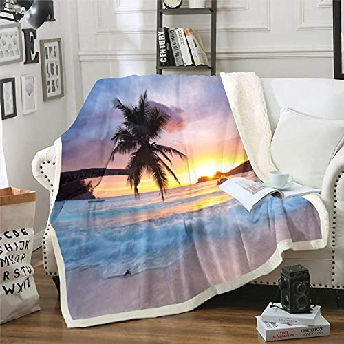 Homemissing Ozean Welle Decke 150x200cm Für Schlafsofa Couch Sommer Meer Strand Kuscheldecke Hawaiian Tropisch Palme Bedruckte Wohndecke Mikrofaser Sonnenuntergang Flanell Fleecedecke