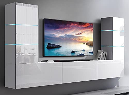 Furnitech Wohnwand Wohnzimmer | Wohnzimmer Möbel mit LED RGB - 16 Farben | Hängend Wohnwand Modern | Wohnzimmer Schrankwand mit Regale und TV Schrank (Future 57/HG/W/2 1A)