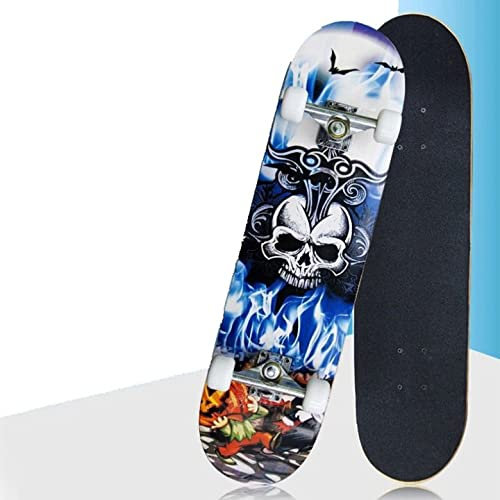 Skateboard,Completo,7 Strati di Acero, Concave Skateboard,Cambini,Junior,Principianti, Adulti,Guida Flessibile,Portata 100 kg (79 * 19.5 * 9.5cm-motif crâne)