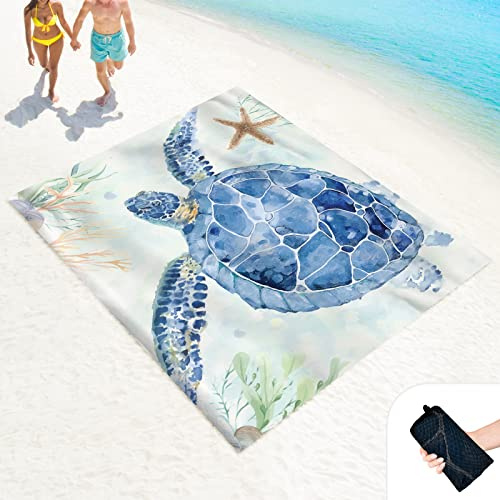 LkDiramio Beach Blanket Sand Proof Waterproof Oversized 100 x 80 Sand Free Mat with Corner Pockets and Mesh Bag for Outdoor, Picnic, Travel, Beach Accessories Portable, Watercolor Turtle
