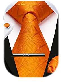 HISDERN Set med rutigt slips och ficknäsduk för män, manschettknapp, slipsnål, formell bröllopsfest, gåvor, slips för män, Bränd orange, en storlek