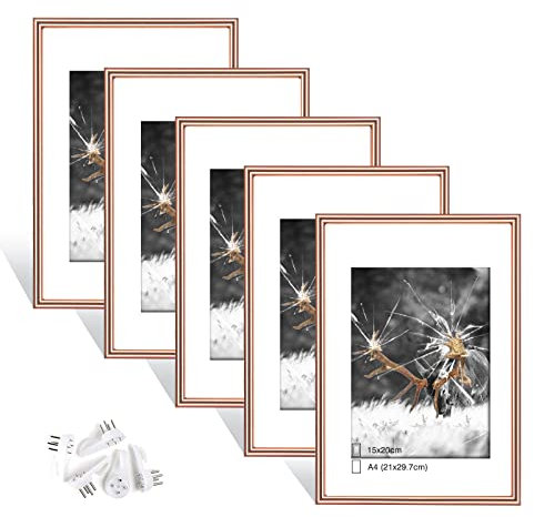 Dmyifan 5er Bilderrahmen DIN A4 Gold Set, Fotorahmen mit Plexiglas, Rahmen zum Stellen und Hängen für Fotos, Portraits | Picture Frame