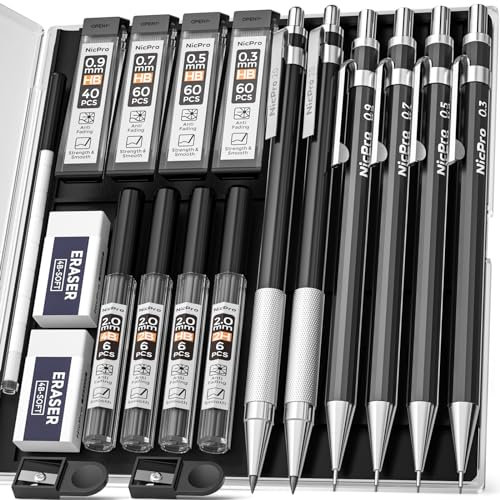Nicpro 6 Stück Druckbleistifte Set mit Etui, Metall Mechanische Bleistifte 0,3, 0,5, 0,7, 0,9 & 2 mm Fallminenstift mit 8 Röhrchen Bleistiftminen (4B 2B HB 2H), Radiergummis, für Schreiben, Skizzieren