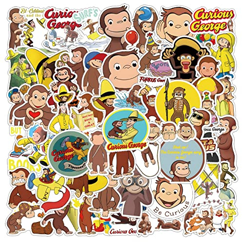 55 Pcs Curious George Monkey Storybook Cartoon Vinyl Waterproof Stickers for Water Bottle Laptop Motorcycle Skateboard Phone for Birthday Party Choice Decorative Supplies Favors