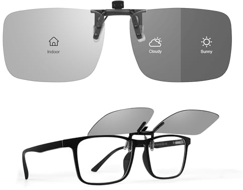 TEMSO Photochromic Clip on Sunglasses,Polarised UV400 Flip up Anti-Glare Driving Glasses for Mens Women,HD Vision and Safer for Prescription Glasses|Grey|60 * 42mm