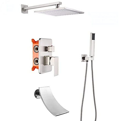 JUNNIU Système de Douche à Effet Pluie Ensemble combiné de Douche en Nickel brossé Ensemble de Robinet de Douche de Salle de Bain Mural avec pommeau de Douche, douchette, Robinet de Baignoire, boîte
