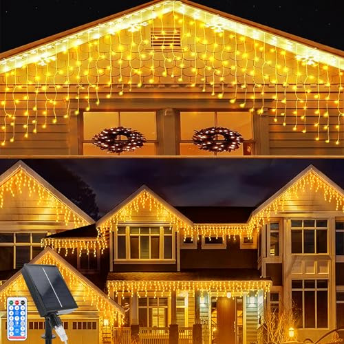 Acxilexy Solar Eiszapfen Lichterkette, 5M 256 LEDs Eiszapfen Vorhang Lichter mit 8 Modi, Fernbedienung Eisregen Lichterkette, IP65 Wasserdicht Lichtervorhang für Weihnachten, Balkon, Garten