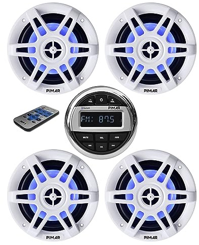 PIMAR Kit stereo con casse bianche led 150 WATT + telecomando presa usb radio bluetooth accessori barca gommone nautica (KIT STEREO CON 4 CASSE)