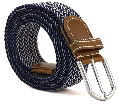 CINTURONTOP Cinturón elástico, Cinturón trenzado, Cinturón tela, Cinturones ajustable, Cinturones trenzados hombres, Cinturones trenzados mujer, Ajuste flexible, Color Azul y Blanco, 110cm