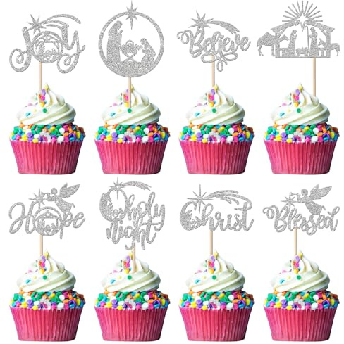 Rsstarxi 24 Pack Jesus Christmas Cupcake Toppers Glitter Holy Night Blessed Hope Religious Christmas Cupcake Toothpicks for Nativity Scene Jesus Birthday Party Cake Decorations Silver