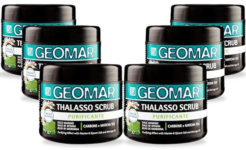 GEOMAR | Reinigendes Thalasso-Peeling, mit Meersalz, Bittersalz, Moringa-Öl und Extrakten aus Holzkohle und Matcha-Tee, 95% Natürlichen Ursprungs, Made in Italy, 6 x 600 g