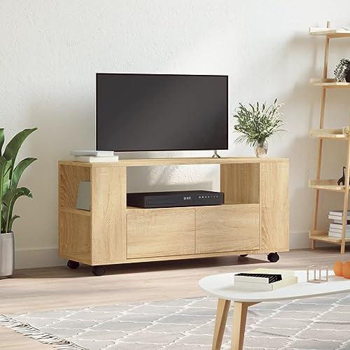 Gecheer TV-Schrank, mit 360-Grad-Rollen, Ablagefläche und Stauraum aus Holzwerkstoff in Sonoma-Eiche Optik, 102 x 34,5 x 43 cm, für Wohnzimmer, Schlafzimmer oder Büro