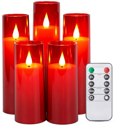 IMAGE Flackernde flammenlose Kerzen batteriebetrieben, Acryl Shell Pillar 3D Docht LED-Kerzen mit Timer für Hochzeit Weihnachten Valentinstag Haus Deko, Set von 5 (D2,3 in X H5 5 7 7 8 in),Rot