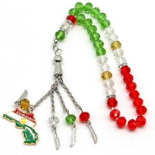 Tsffae Rosary Bracelets Muslim 33 Beads Prayer Bracelets with Kurdistan Map Flag Pendant Ethnic Style Prayer Religious Jewelry Gift