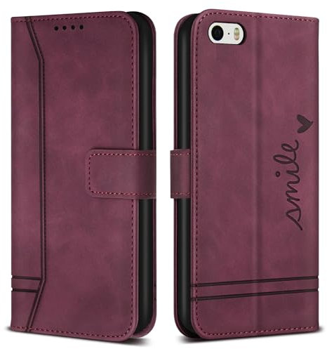 Bravoday Hülle für iPhone SE 2016 / iPhone 5s / iPhone 5, PU Ledertasche Handyhülle mit Kartenfäch & Kickstand, Flip Schutzhülle Kompatibel mit iPhone SE 2016 / iPhone 5s / iPhone 5, Weinrot