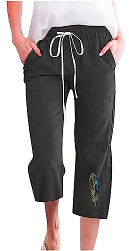 ANHATUIV Baumwoll-Leinen-Hose für Damen, 3/4-lange Hose für Damen, Übergröße, Kordelzug, kurze Hose, Jogginghose, hohe Taille, Schlauchhose, Feder-Blumenmuster, Strandhose, Freizeithose, 01 black, XXL