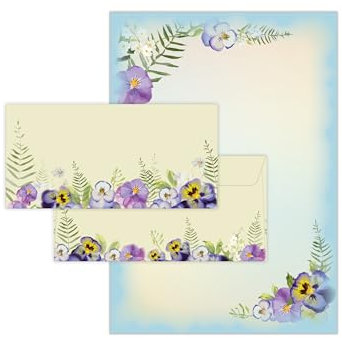 Briefpapier-Set 50 Designpapier DIN A4 + 50 Kuverts DIN-lang haftklebend Motiv Natur Veilchen Blumen blau beidseitig beschriftbar und bedruckbar für Geburtstag Jubiläum Hochzeit Dank Geschenk